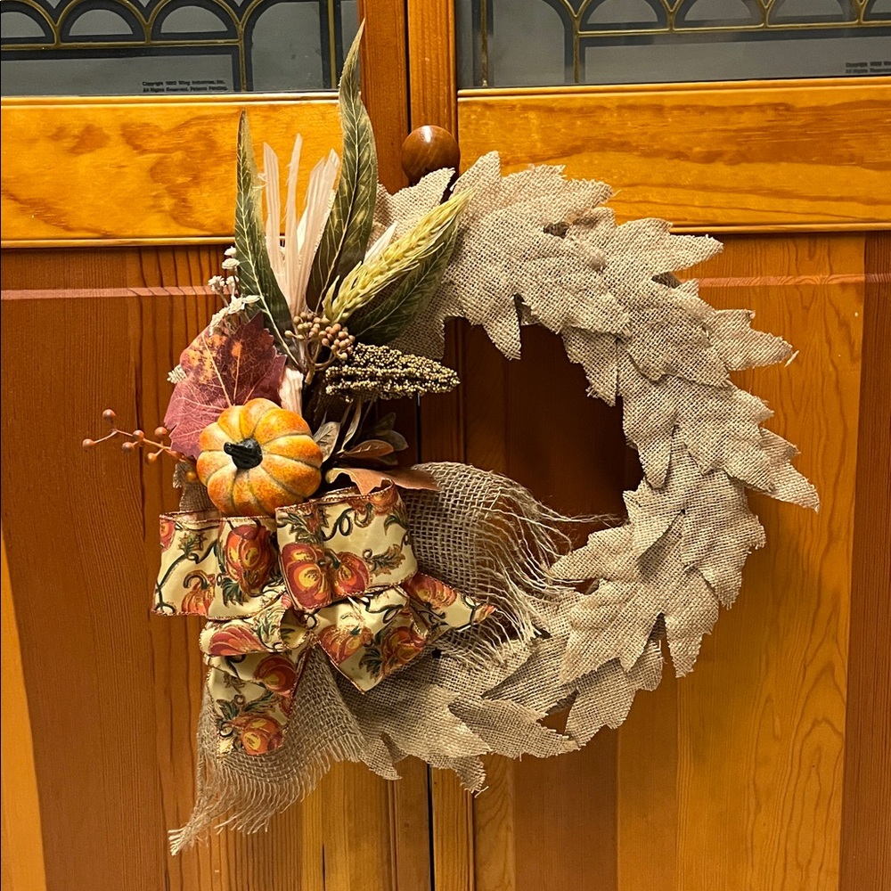 Autumn Harvest Wreath with Burlap and Pumpkin Accents